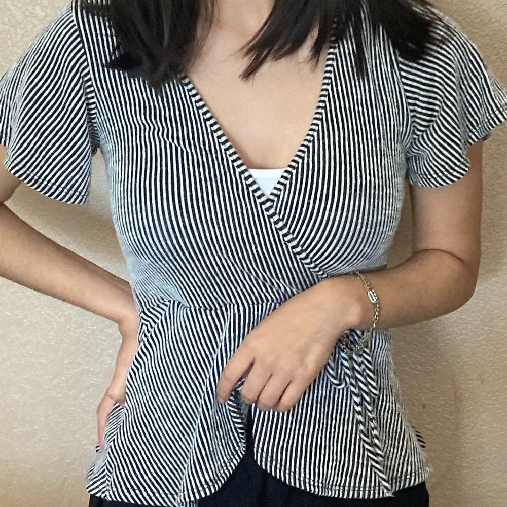 Caution To The Wind Women's Wrap Blouse Black & White Striped Small